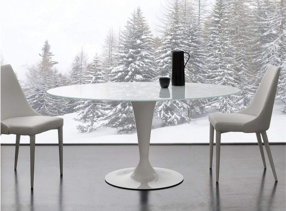 Table a manger ronde design verre teinté blanc et pied laqué blanc Kramanty 130 cm - Photo n°1