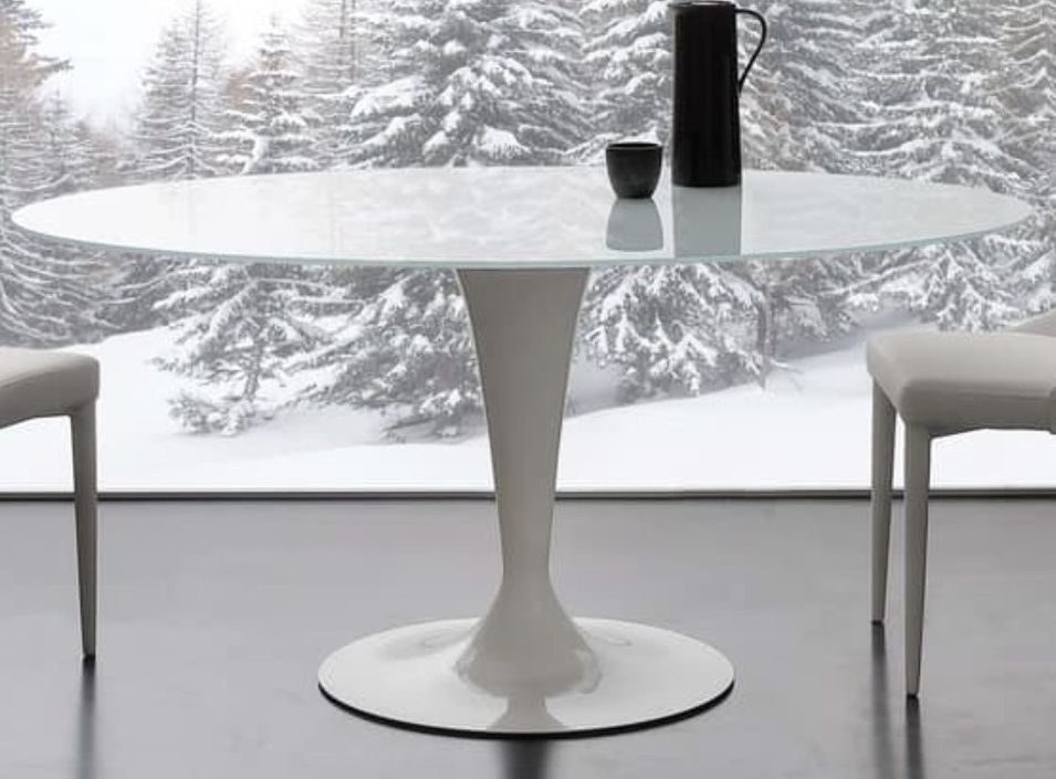 Table a manger ronde design verre teinté blanc et pied laqué blanc Kramanty 130 cm - Photo n°3
