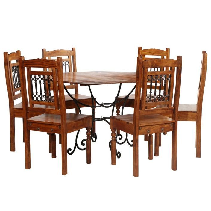 Table à manger ronde et 6 chaises bois d'acacia Lavina - Photo n°1