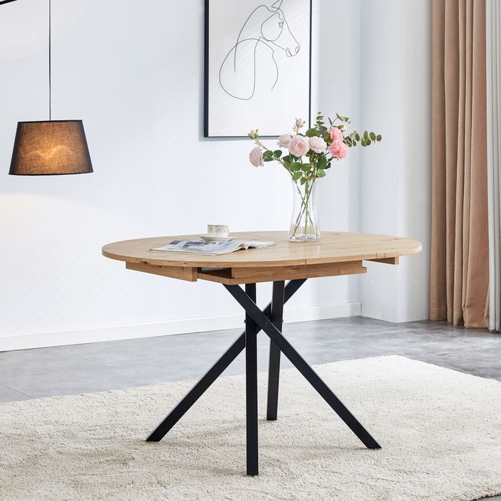 Table à manger ronde extensible bois clair et pieds métal noir Vaker 90 à 120 cm - Photo n°2