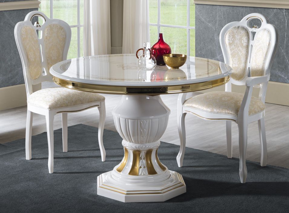 Table à manger ronde extensible bois vernis laqué brillant blanc et doré Lesly 110 à 160 cm - Photo n°1
