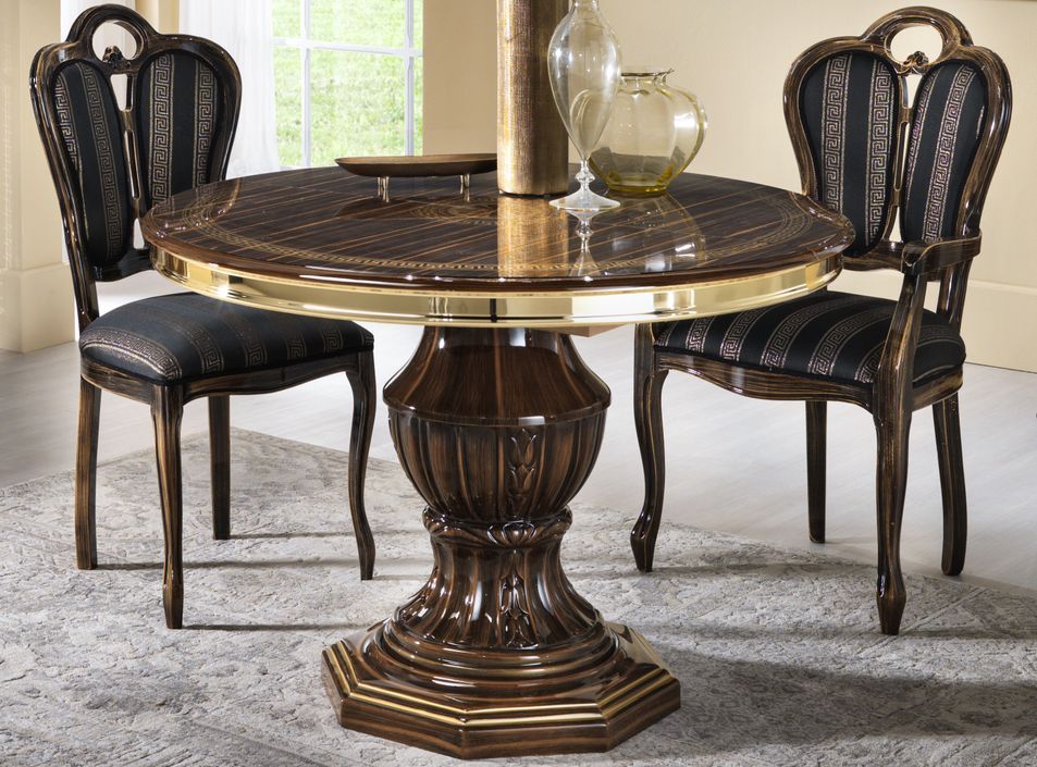 Table à manger ronde extensible bois vernis laqué brillant marron et doré Vinza 110 à 160 cm - Photo n°2