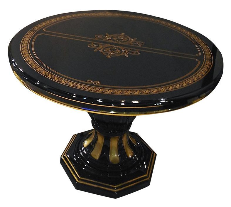 Table à manger ronde extensible bois vernis laqué brillant noir et doré Lesly 110 à 160 cm - Photo n°1