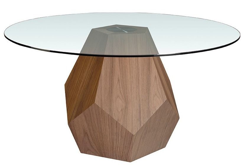 Table à manger ronde pied original bois couleur noyer et verre transparent Okta 150 cm - Photo n°1
