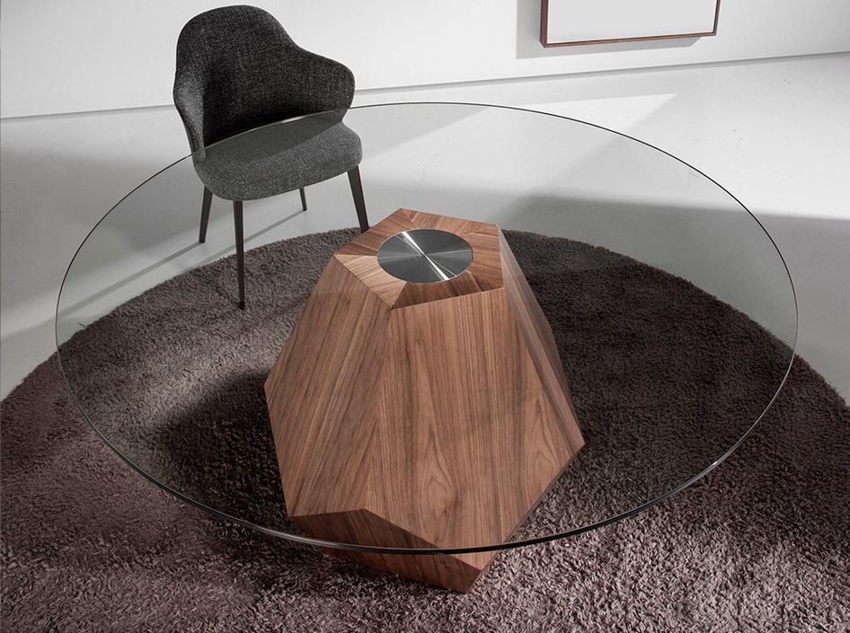 Table à manger ronde pied original bois couleur noyer et verre transparent Okta 150 cm - Photo n°3