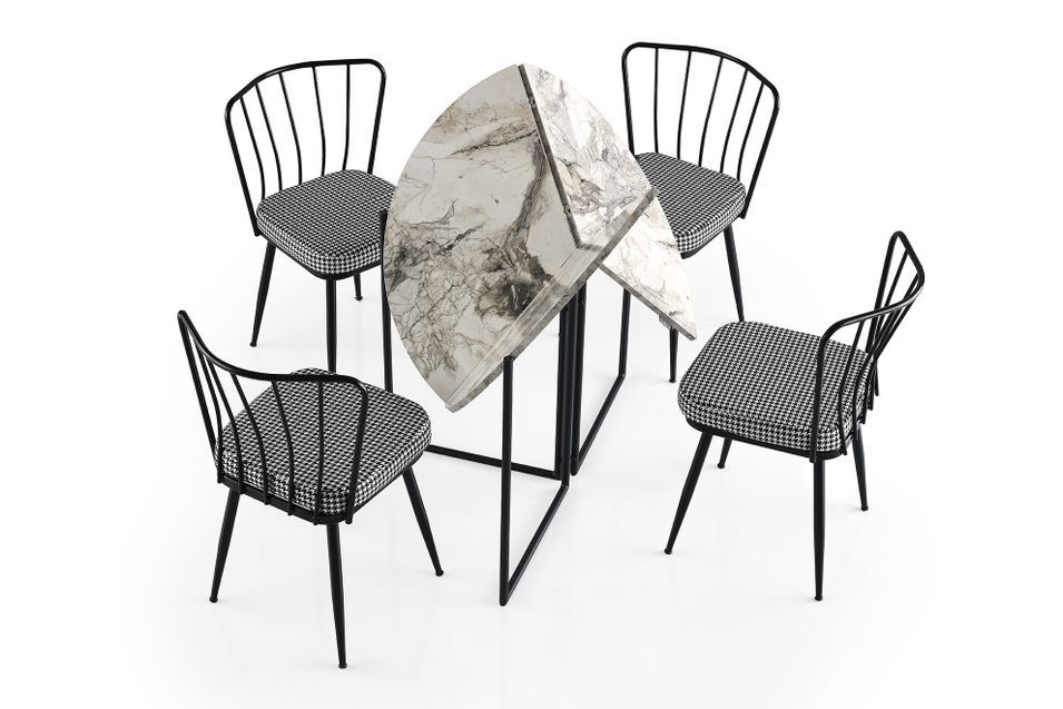 Table à manger ronde pliable bois effet marbre blanc et métal noir Sinola 100 cm - Photo n°5