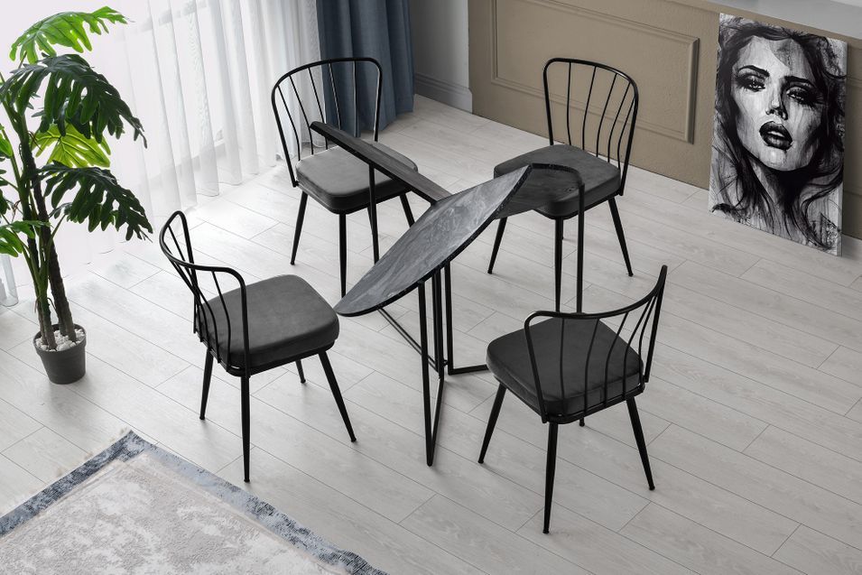 Table à manger ronde pliable bois effet marbre noir et métal noir Sinola 100 cm - Photo n°4