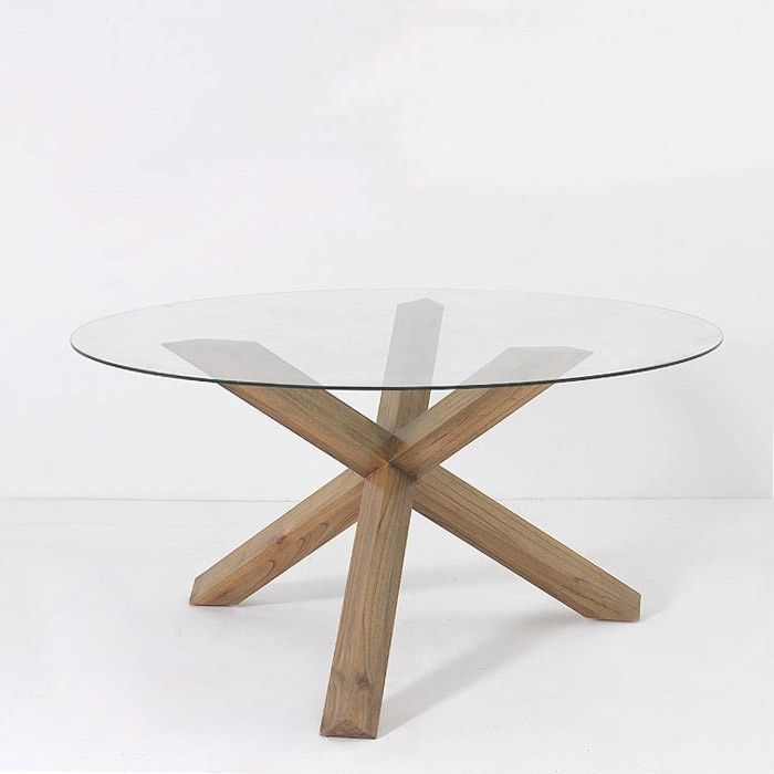 Table à manger ronde verre et pieds bois massif clair Marine 150 cm - Photo n°1