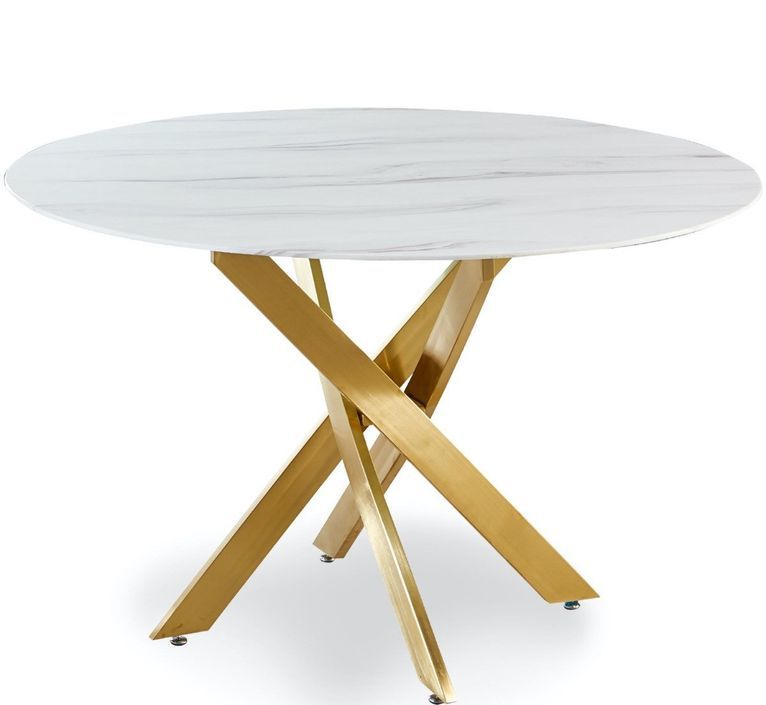 Table à manger verre effet marbre blanc et métal doré Xisor - Photo n°1