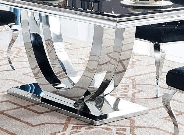 Table à manger verre trempé noir et pieds métal chromé Nilla 180 cm - Photo n°2