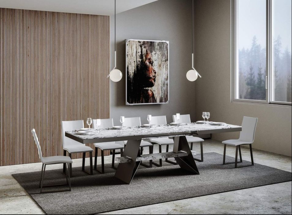 Table à rallonges 8 à 14 places blanc effet marbre béton avec un cadre et des pieds acier gris foncé 180 à 284 cm Borys - Photo n°2