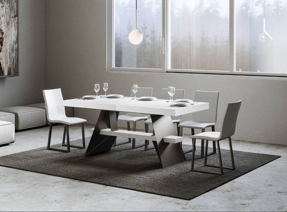 Table à rallonges 8 à 14 places bois blanc et pieds acier gris foncé 180 à 284 cm Klaro - Photo n°1