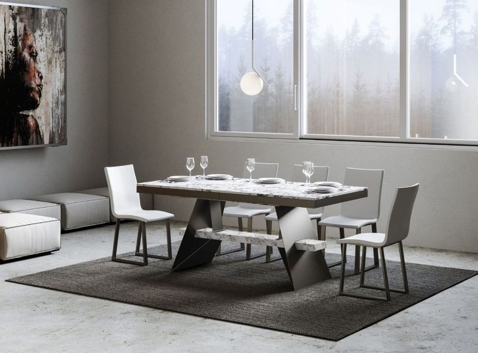Table à rallonges effet marbre blanc et pieds métal gris 6 à 12 places L 160 à 264 cm Bary - Photo n°1