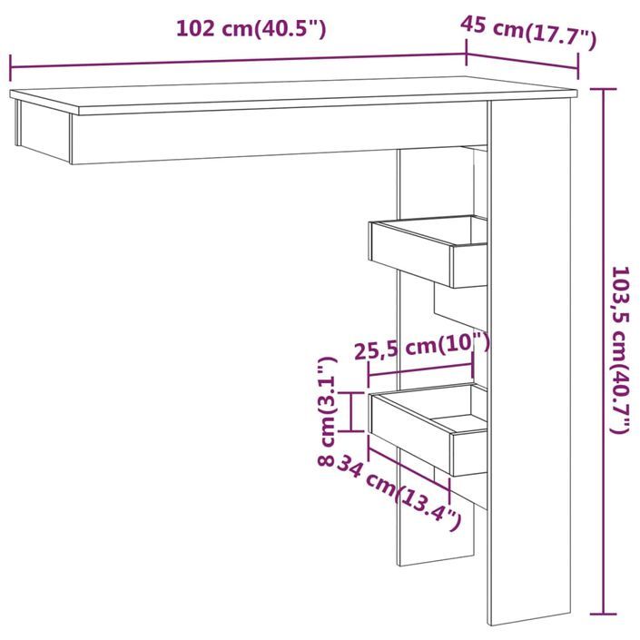 Table bar mural Blanc Brillant 102x45x103,5cm Bois d'ingénierie - Photo n°9