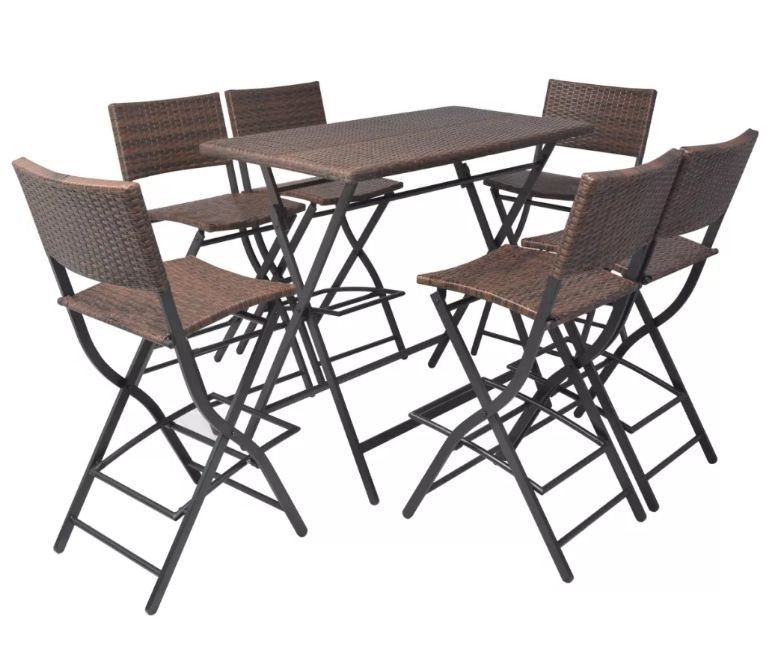 Table bar rectangulaire et 6 chaises de jardin résine tressée marron Klark - Photo n°1