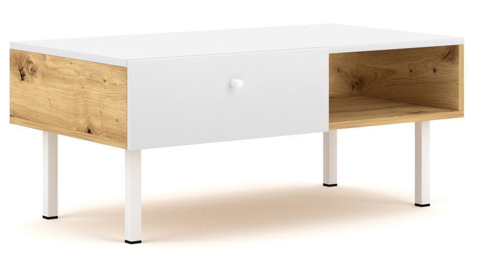 Table basse 1 tiroir blanc et chêne artisan Makalo 100 cm - Photo n°1