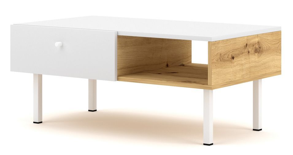 Table basse 1 tiroir blanc et chêne artisan Makalo 100 cm - Photo n°6
