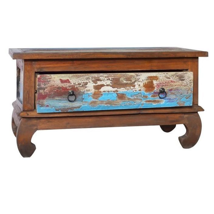 Table basse 1 tiroir teck de récupération multicolore Vetik 80 cm - Photo n°2