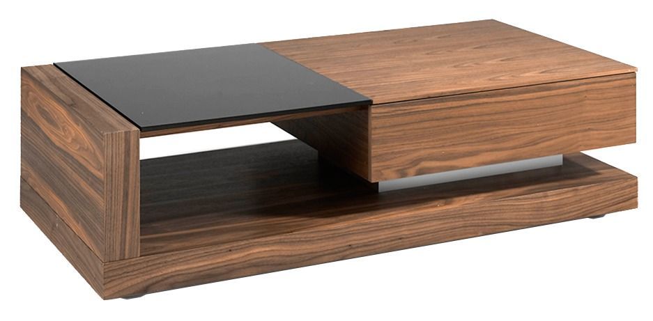 Table basse 1 tiroirs en bois noyer et verre teinté noir Vido 130 cm - Photo n°2