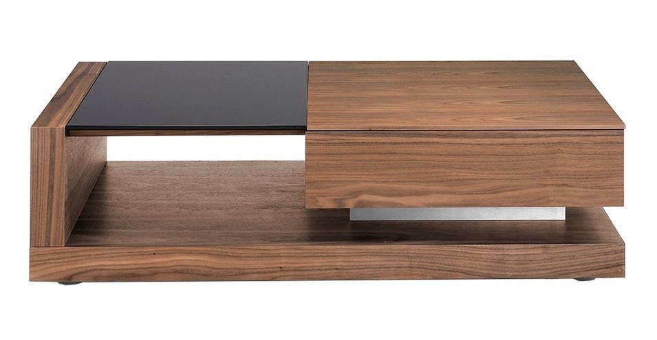 Table basse 1 tiroirs en bois noyer et verre teinté noir Vido 130 cm - Photo n°1