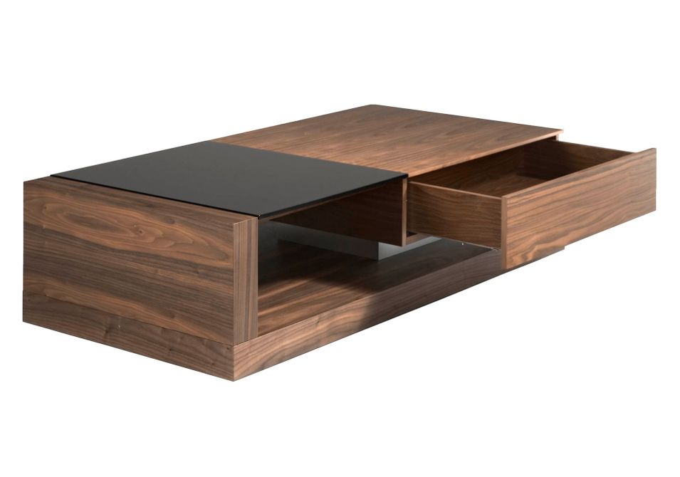 Table basse 1 tiroirs Lizay 130 cm - Noyer et verre trempé noir - Photo n°2