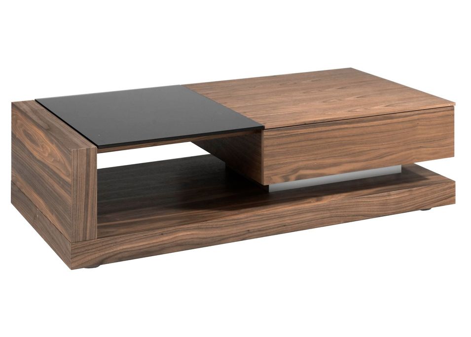 Table basse 1 tiroirs Lizay 130 cm - Noyer et verre trempé noir - Photo n°3