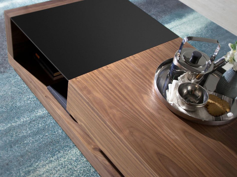 Table basse 1 tiroirs Lizay 130 cm - Noyer et verre trempé noir - Photo n°5