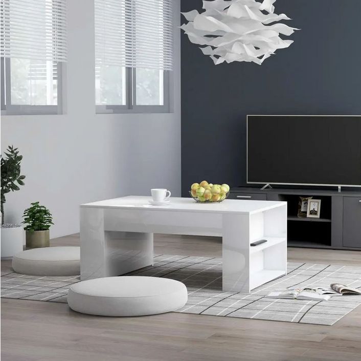 Table basse 2 étagères bois blanc brillant Lavozi - Photo n°4