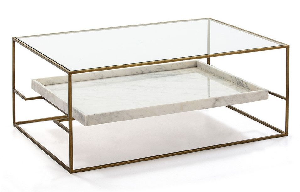 Table basse 2 plateaux verre et marbre blanc pieds métal doré 111 cm - Photo n°1