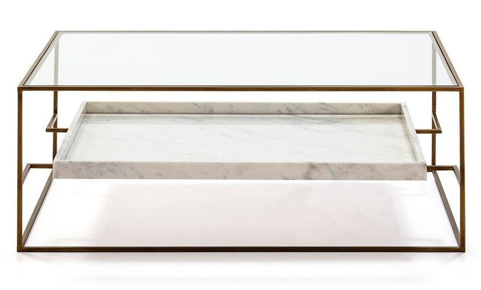 Table basse 2 plateaux verre et marbre blanc pieds métal doré 111 cm - Photo n°2