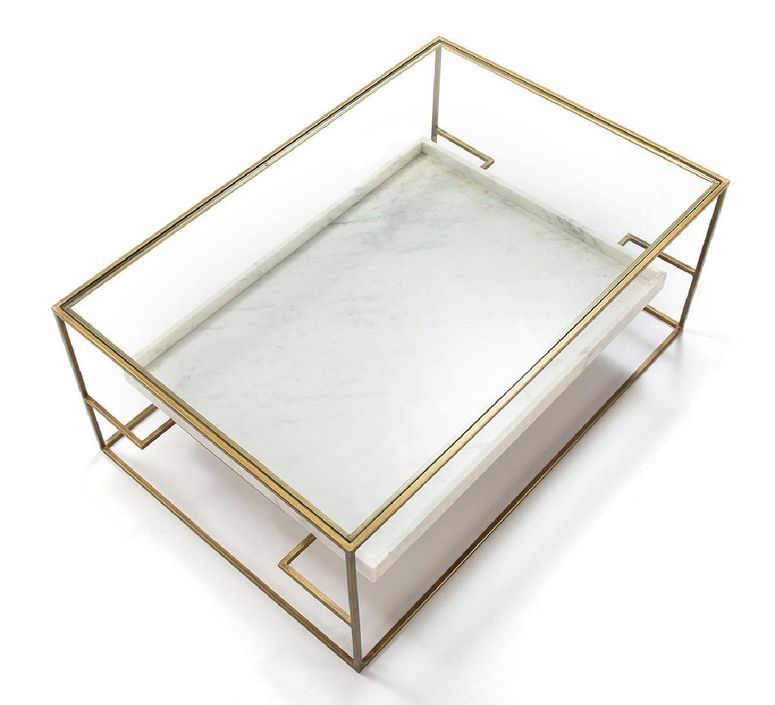 Table basse 2 plateaux verre et marbre blanc pieds métal doré 111 cm - Photo n°3
