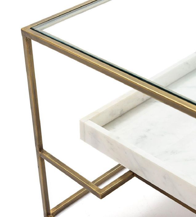 Table basse 2 plateaux verre et marbre blanc pieds métal doré 111 cm - Photo n°4