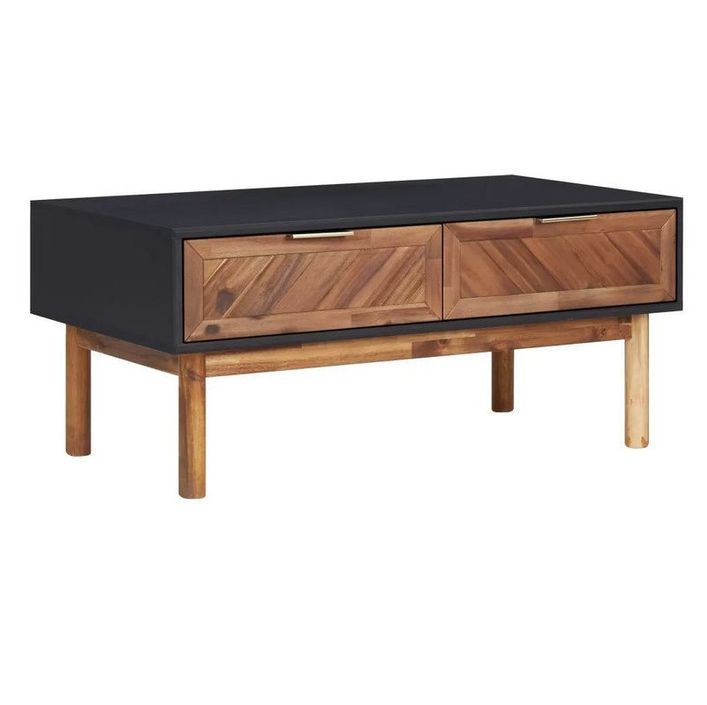 Table basse 2 tiroirs acacia massif foncé et noir Alty 90 cm - Photo n°1