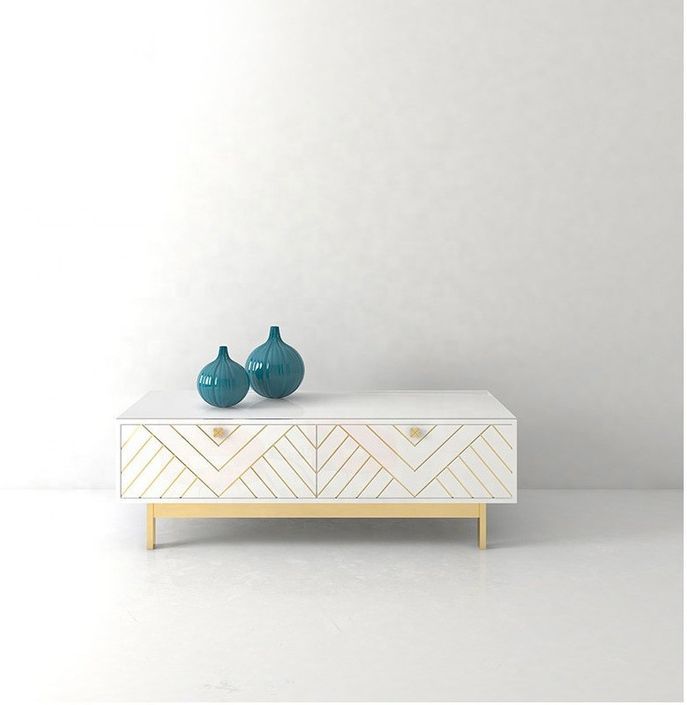 Table basse 2 tiroirs bois blanc et pieds métal doré Valdi 130 cm - Photo n°6