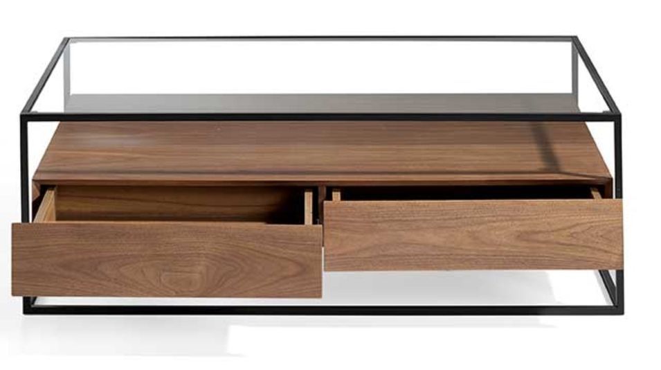 table basse 2 tiroirs bois de noyer et pieds métal noir Baliko 120 cm - Photo n°2
