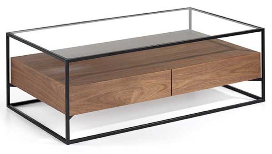 table basse 2 tiroirs bois de noyer et pieds métal noir Baliko 120 cm - Photo n°3
