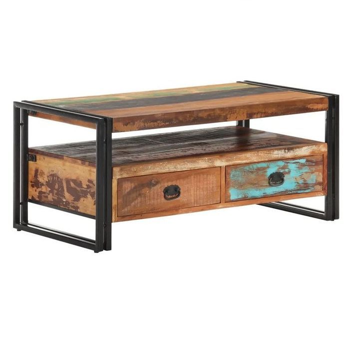 Table basse 2 tiroirs bois de récupération et métal noir Milam 100 cm - Photo n°1