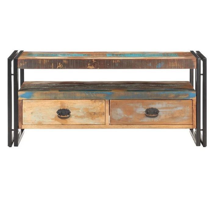 Table basse 2 tiroirs bois de récupération et métal noir Milam 100 cm - Photo n°2