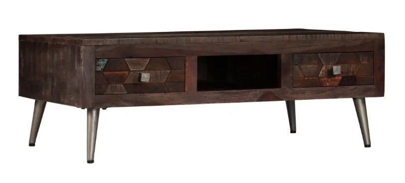Table basse 2 tiroirs bois massif recyclé foncé et pieds métal gris Claireauta - Photo n°1