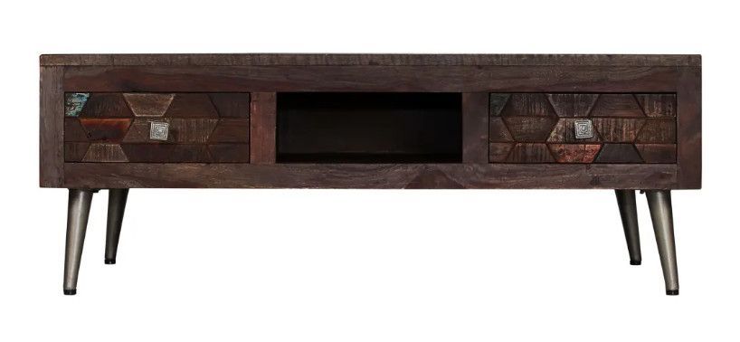 Table basse 2 tiroirs bois massif recyclé foncé et pieds métal gris Claireauta - Photo n°2