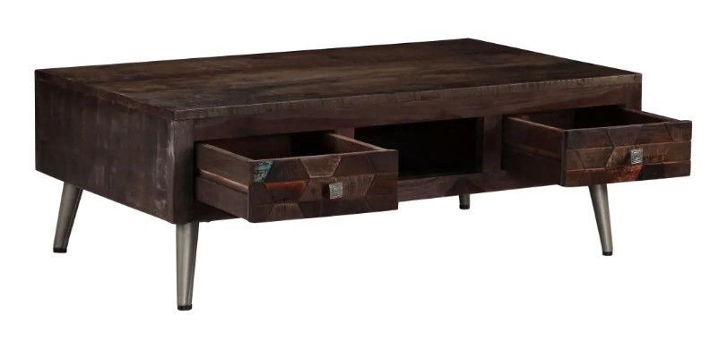 Table basse 2 tiroirs bois massif recyclé foncé et pieds métal gris Claireauta - Photo n°3
