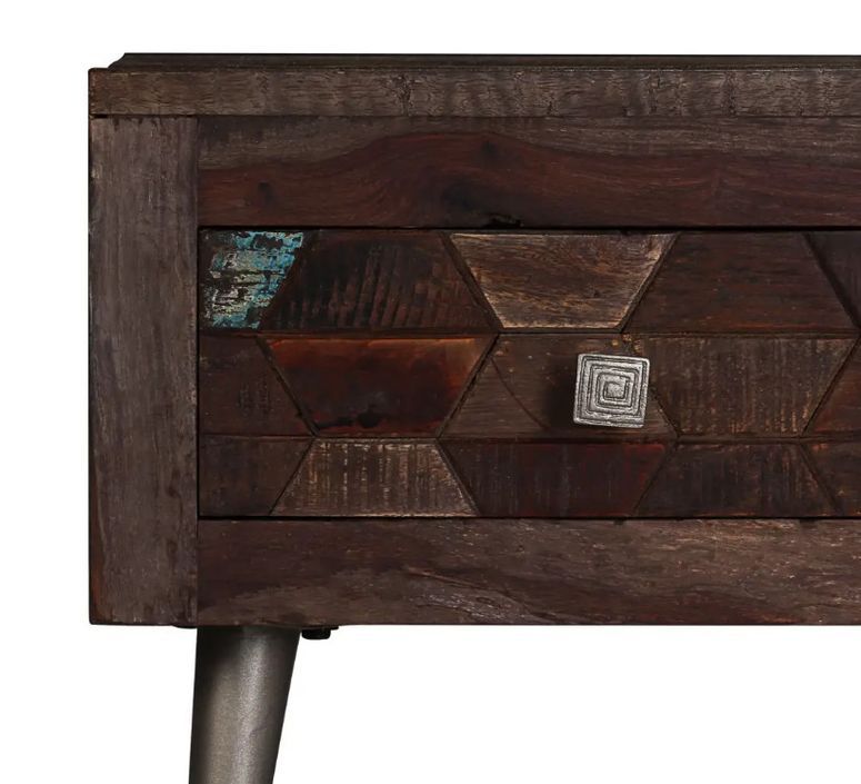 Table basse 2 tiroirs bois massif recyclé foncé et pieds métal gris Claireauta - Photo n°8