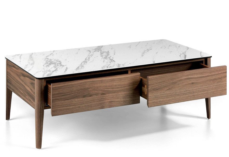 Table basse 2 tiroirs bois noyer et plateau en marbre céramique blanc Mykal - Photo n°2