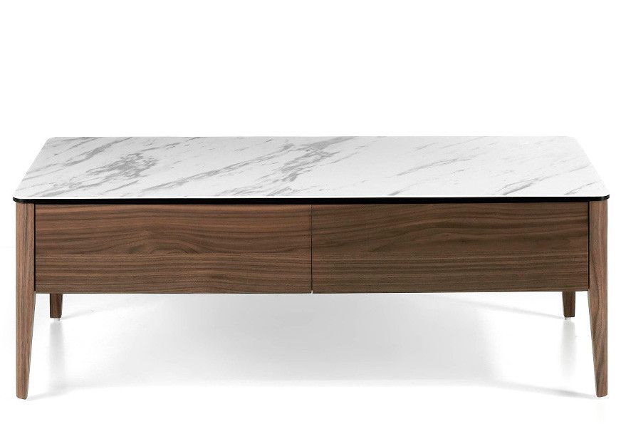 Table basse 2 tiroirs bois noyer et plateau en marbre céramique blanc Mykal - Photo n°3