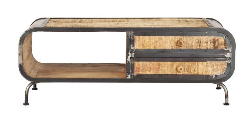 Table basse 2 tiroirs manguier massif clair et métal forgé Cinéma - Photo n°2