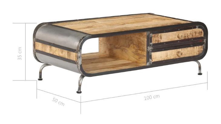 Table basse 2 tiroirs manguier massif clair et métal forgé Cinéma - Photo n°8