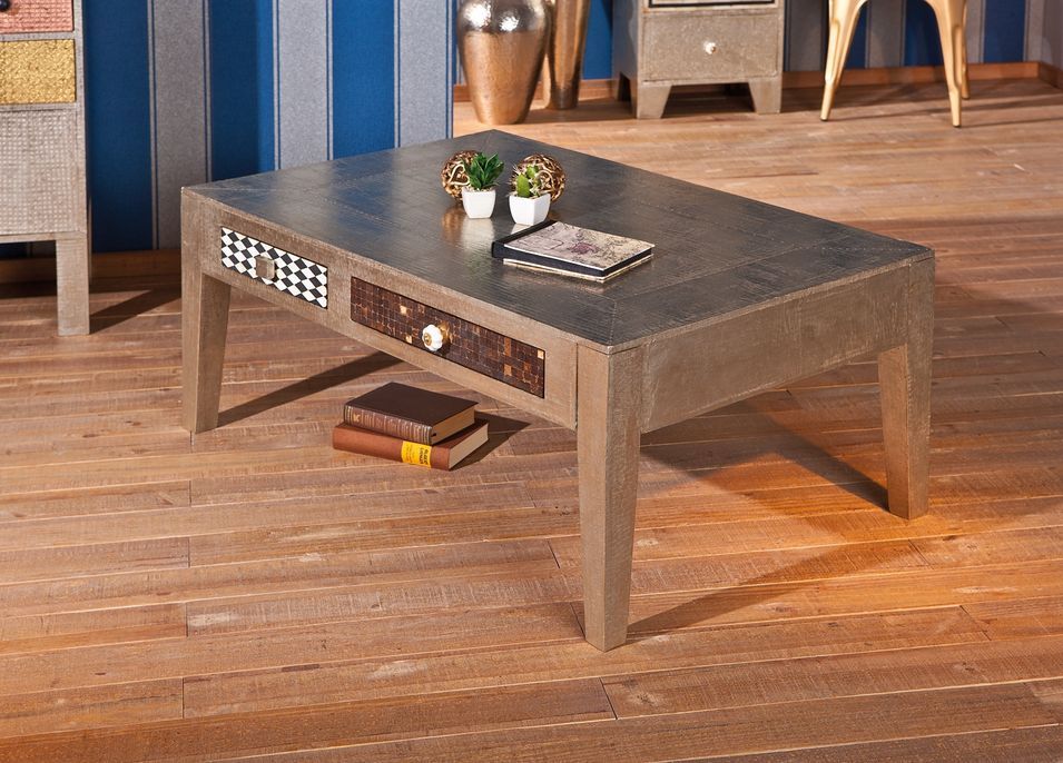 Table basse 2 tiroirs métal gris et bois clair Nala 110 cm - Photo n°2