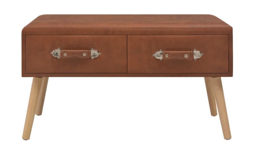 Table basse 2 tiroirs simili cuir marron et pieds pinède clair First - Photo n°2