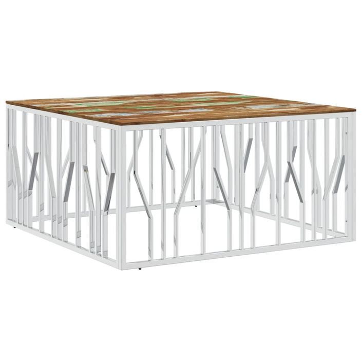 Table basse argenté acier inoxydable/bois massif récupération - Photo n°1