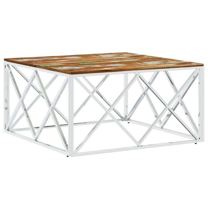 Table basse argenté acier inoxydable/bois massif récupération - Photo n°1